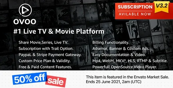 OVOO Live TV & Movie Portal CMS с системой членства
